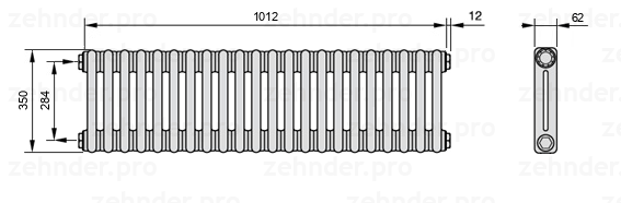 Схема (чертеж) Радиатор Zehnder Charleston 2035/22 №1270 Белый глянцевый RAL 9016